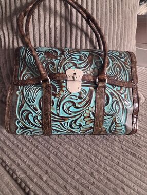 Patricia Nash Turquoise Floral Tooled Leather Satchel Bag